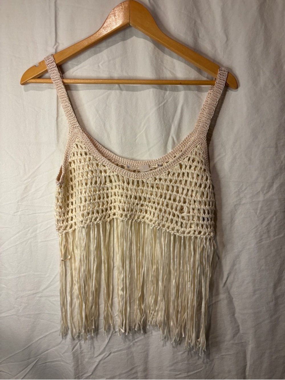 Boho crochet fringe tank top cream festival beach cover up